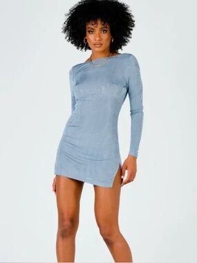 NWT Lioness Montana Mini Dress Dusty Blue Open Back Long Sleeve Size S